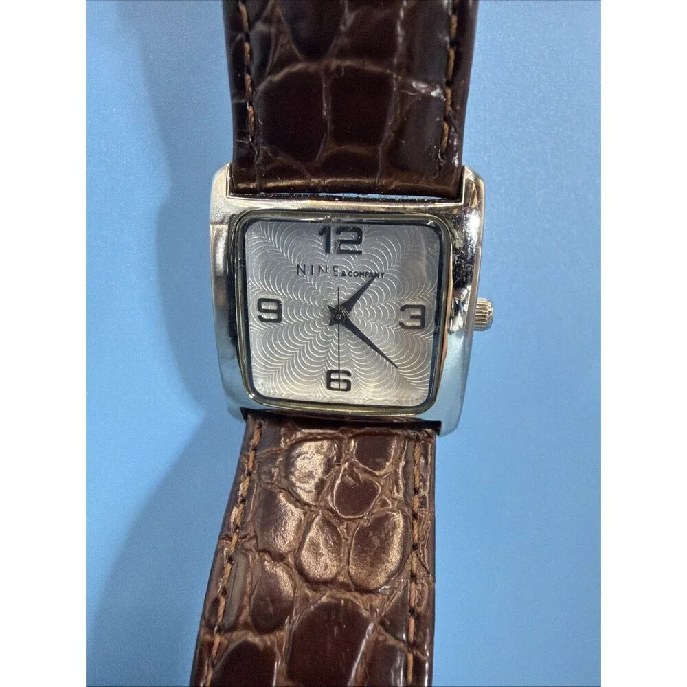 Nine Company Watch Brown Buckle Band Silver Toned Rectangular Face New Battery